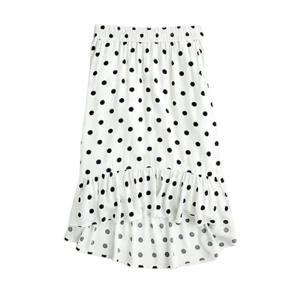 J.Crew Womens Polka Dot Ruffle Hem High-Low Midi Skirt White Black Size M
